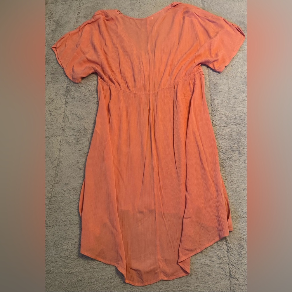 Maurices Peachy Coral Hue Embroidered Long Tunic Cover Up w/ Front Ties & Slits - Picture 2 of 12